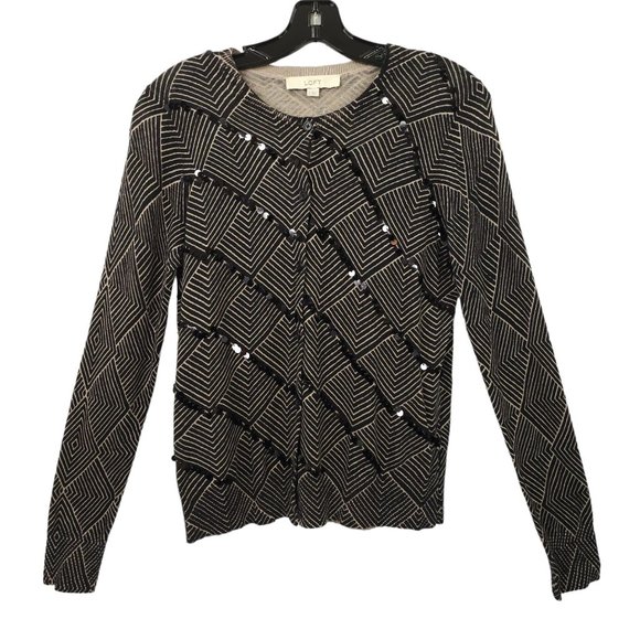 Ann Taylor Loft Button Front Knit Cardigan M Geometric Sequins Light Weight NEW - Picture 1 of 15